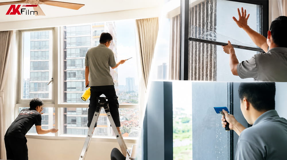 Đội ngũ kỹ thuật viên thi công dán phim cách nhiệt văn phòng chuyên nghiệp