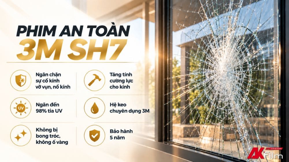 Phim an toàn 3M SH7 giữ mảnh kính vỡ, cản tia UV và duy trì tầm nhìn